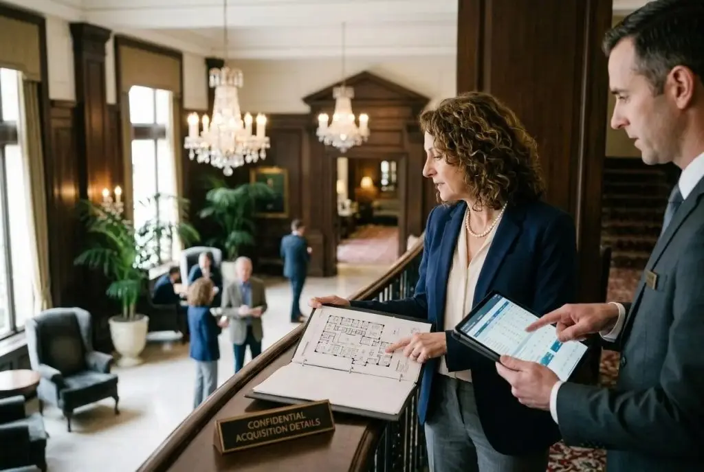 Two business professionals review a binder with a floor plan and a tablet in a luxurious lobby, a sign reads 'Confidential Acquisition Details'.